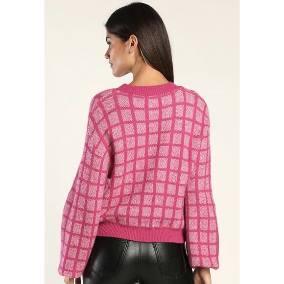 Lulus Womens Pink Sweater NWT Check Yes Magenta Grid Pattern Sweater Small - Picture 2 of 7